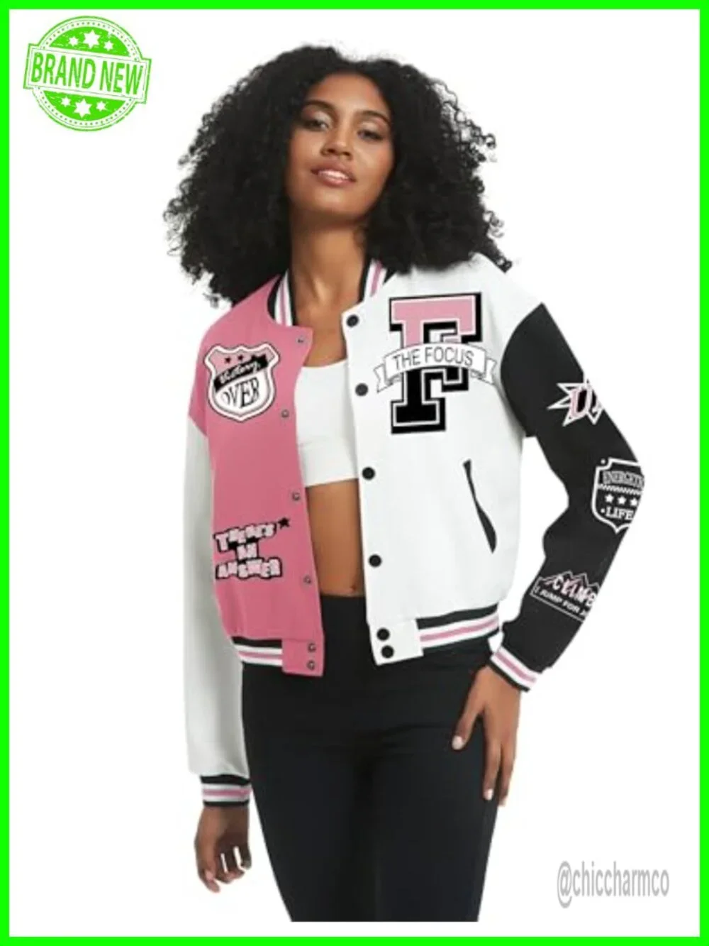 Women's Cropped Bomber Varsity Jacket Cotton Letterman Snap